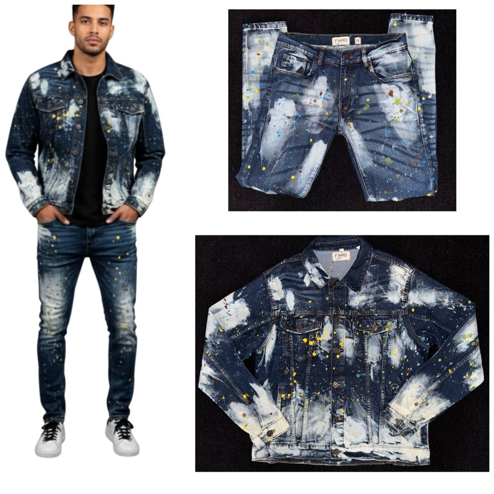 FWRD  Men’s Denim Set Bleached Splattered Paint Denim Jean Jacket W/ Pants